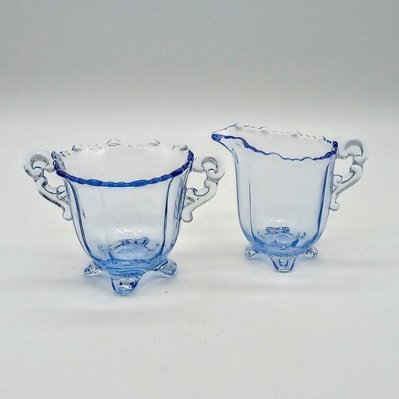 Ice Blue Glass Footed Mini Sugar & Creamer Set - Picture 1 of 5